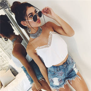 Open image in slideshow, Sexy Cropped Camisole Lace Crop Top Women Crop Tops Women 2018 V Neck Sleeveless Solid Short Women Tops Tank Vest White Black
